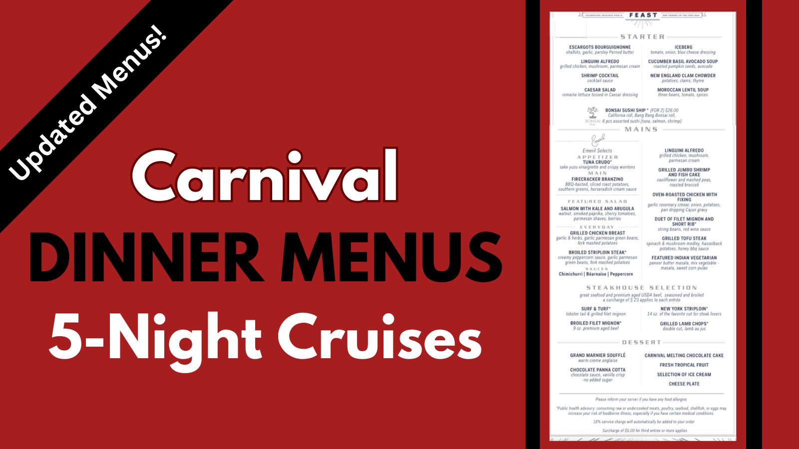 Carnival 5 Night Dinner Menus (Updated Menus) · Prof. Cruise, Ship Tour